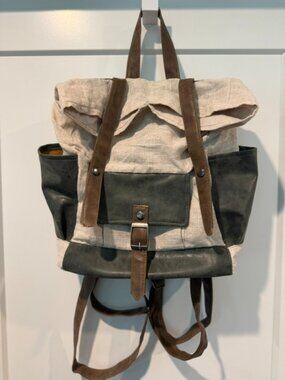 The Barrel Shack Canvas & Leather Roll Top Backpack Rustic Travel Bag